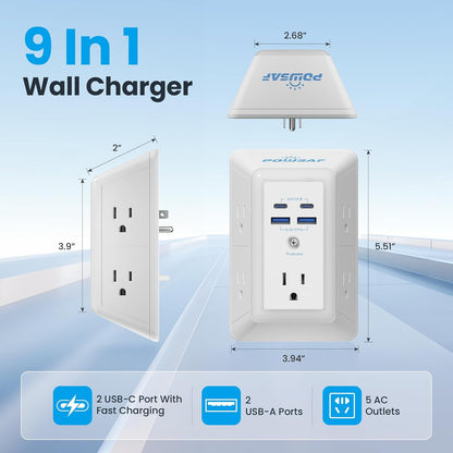 Estación de Carga 9 en 1: 5 Tomas de Corriente, 4 Puertos USB y Luz de Noche Integrada.