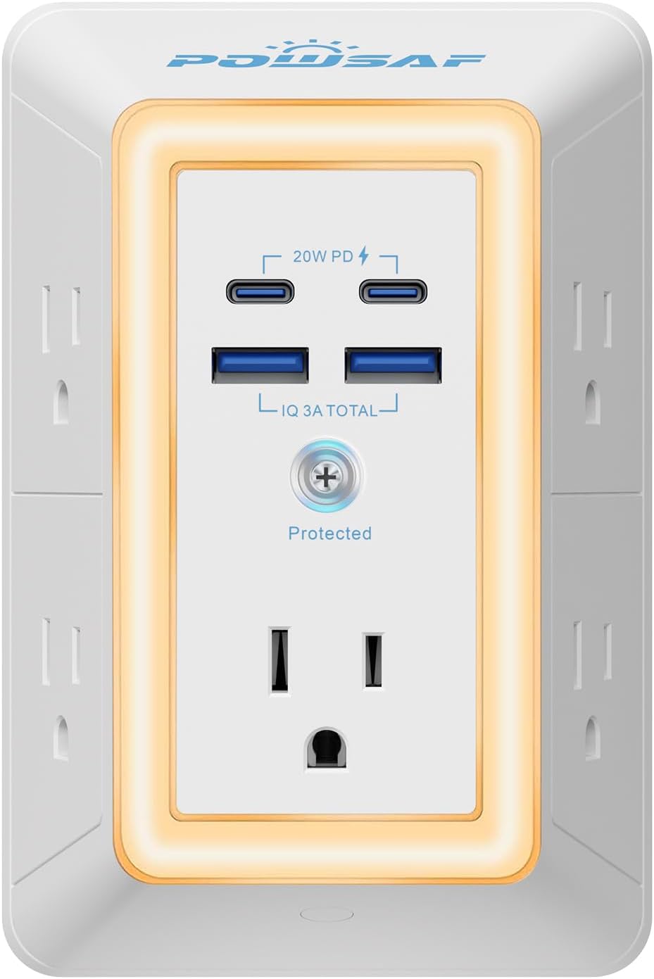 Estación de Carga 9 en 1: 5 Tomas de Corriente, 4 Puertos USB y Luz de Noche Integrada.