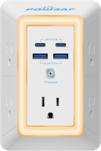 Estación de Carga 9 en 1: 5 Tomas de Corriente, 4 Puertos USB y Luz de Noche Integrada.