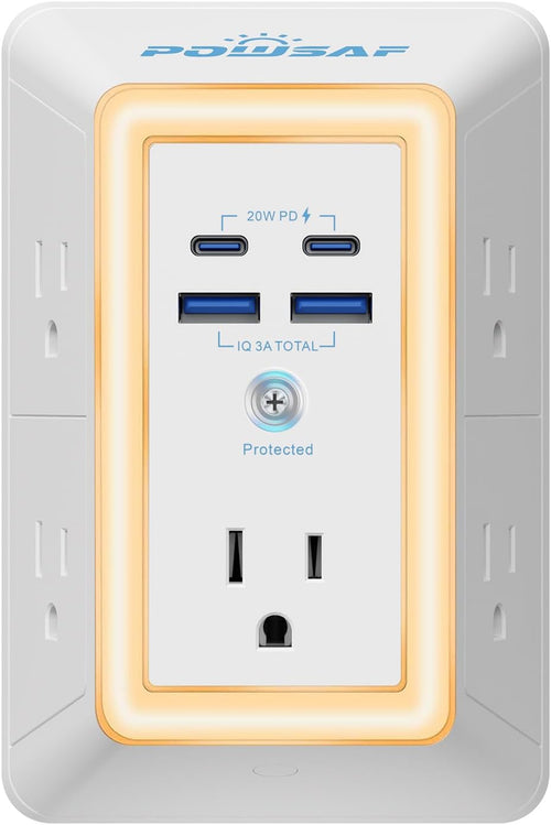 Estación de Carga 9 en 1: 5 Tomas de Corriente, 4 Puertos USB y Luz de Noche Integrada.