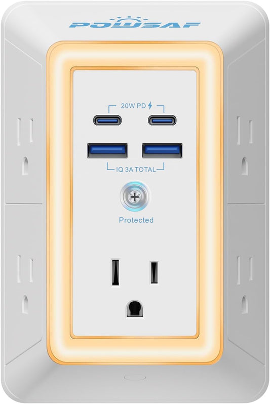 Estación de Carga 9 en 1: 5 Tomas de Corriente, 4 Puertos USB y Luz de Noche Integrada.