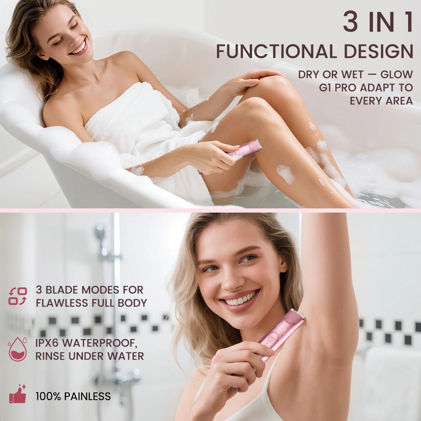 Glow G1 Pro 3 en 1 - Recortadora y afeitadora portátil para bikini para mujer