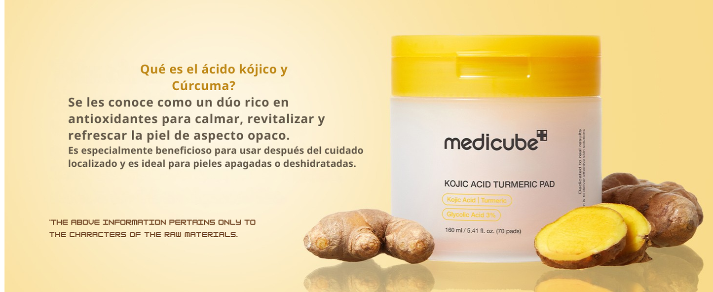 Pads de Medicube con Ácido Kójico y Cúrcuma para aclarar y calmar la piel.