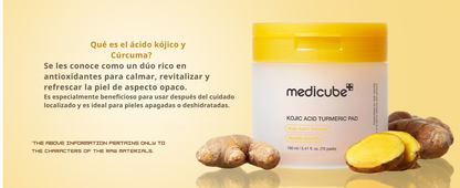 Pads de Medicube con Ácido Kójico y Cúrcuma para aclarar y calmar la piel.