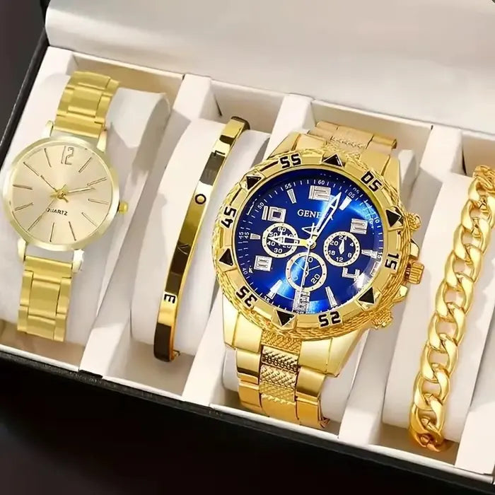 Set 4 Piezas Reloj Pareja — Dorado / Azul
